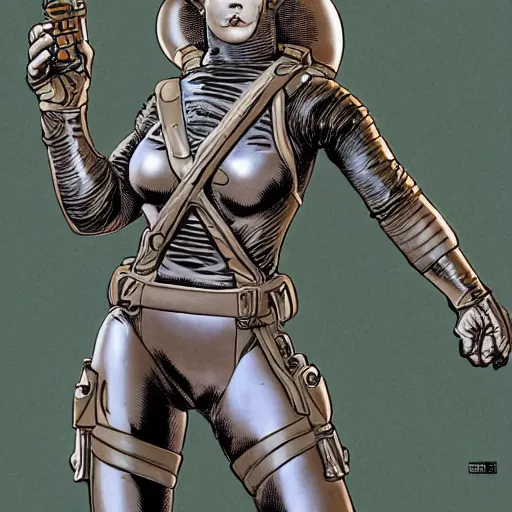 Image similar to a muscular bronze - skinned silver - eyed woman warrior wearing flight suit and kevlar vest, holding a ray gun, at spaceship airlock, highly detailed, ron cobb, alien 1 9 7 9, mike mignola, trending on art station, illustration, comic book