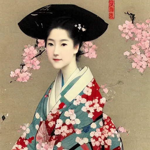 Image similar to A beautiful conceptual art of a young woman in a traditional kimono, with a background of sakura blossoms. by Giuseppe de Nittis rigorous, balmy