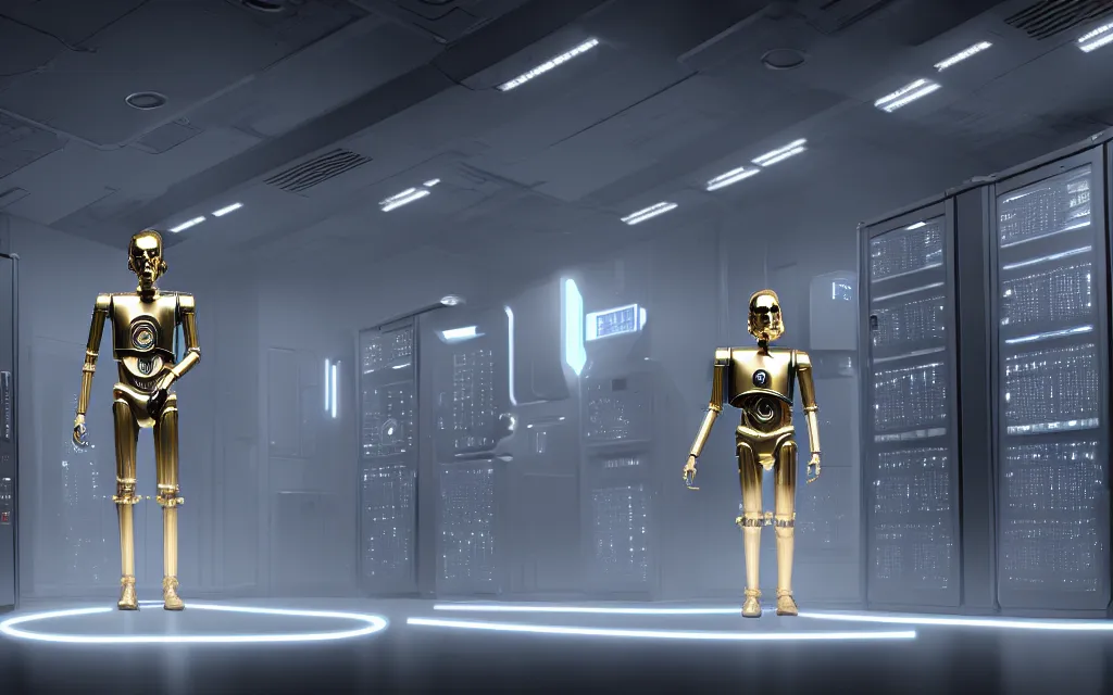 Image similar to silver c - 3 po robot from star wars in a data center room, silver, grey, concept art, cyberpunk, game art, high detail, 4 k, by makoto shinkai