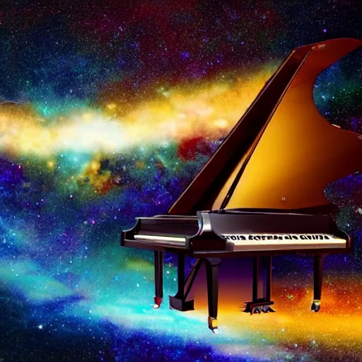 Image similar to a piano with an open wing, a galaxy inside the wing, cinematic, bright, in the style of charlie bowater