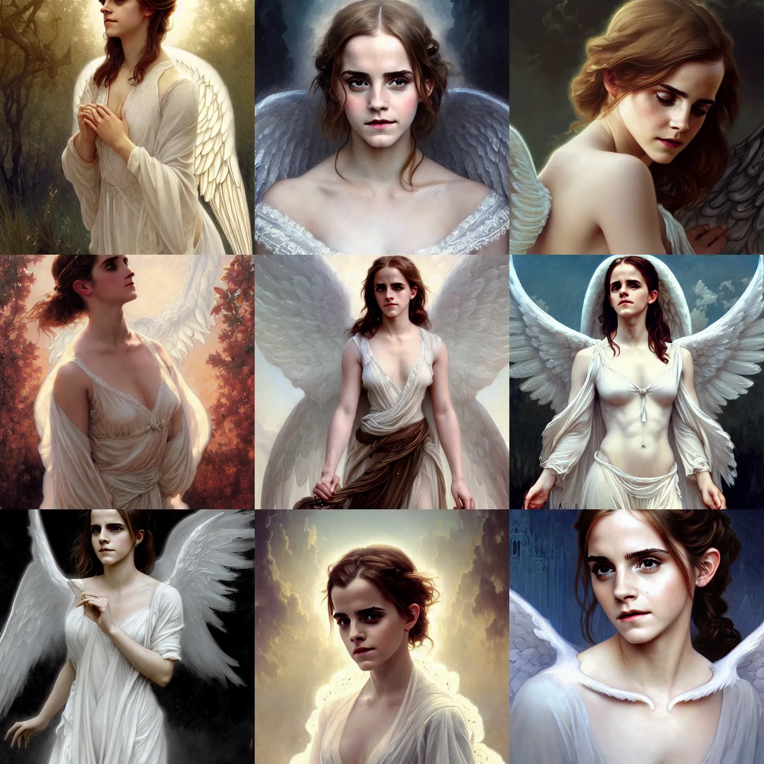 Prompt: emma watson as an angel, white lace, highly detailed, digital painting, matte, sharp focus, art by artgerm, greg rutkowski, alphonse mucha, frank frzetta, boris vallejo, bouguereau, beksinski, cinematic