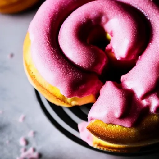 Prompt: a close up photo of a delicious looking pink frosted donut, high quality, hd, food photography