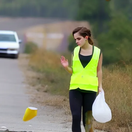 Image similar to emma watson in a hi vis vest picking up trash on the side of the interstate,