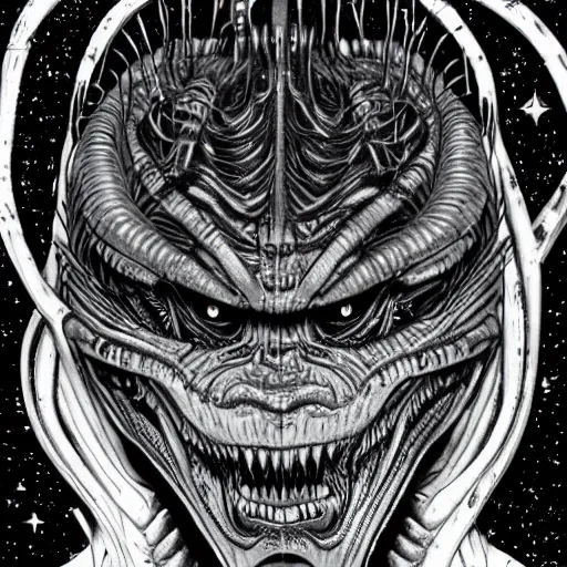 Image similar to space alien, slimy, glossy, sharp teeth, by h. r. giger, nightmare fuel, nightmarish, intricate, highly detailed, optical illusion, stranger things demogorgon, cave lighting, flickering