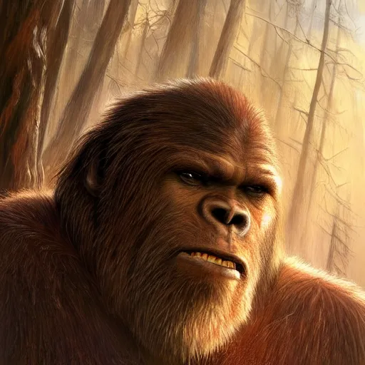 Prompt: by Derek Riggs, angry, glossy, hyperrealistic digital portrait of A Sasquatch, D&D, fantasy, intricate, cinematic lighting, highly detailed, digital painting, artstation, concept art, smooth, sharp focus, 8k, illustration, art by Artgerm and Greg Rutkowski