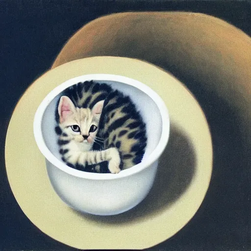 Prompt: rene magritte painting of a baby kitten inside of a bowl of soup