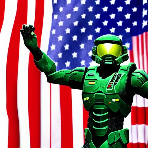 Prompt: a highly detailed photograph of barak obama as master chief, standing in front of a massive american flag, holding helmet, photorealistic, wallpaper, lifelike, highly detailed, movie scene, promotional poster, unreal engine, high resolution,