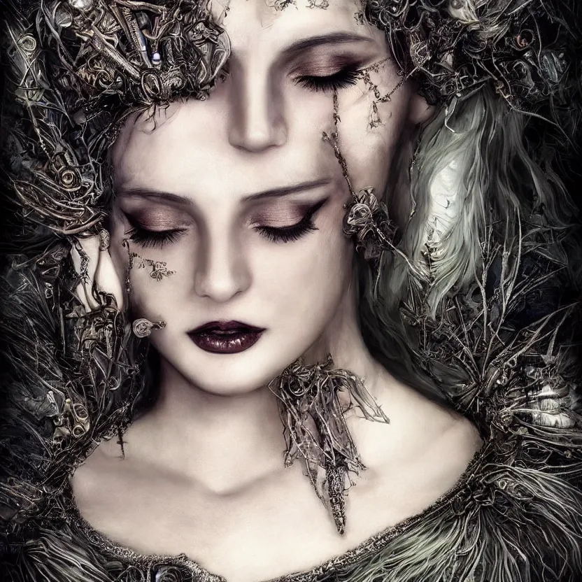 Image similar to mindblowing portrait of the enchantress queen, a stunning timeless beauty, breathtaking eyes, perfect skin, feathered eyelashes, royal gothic dress with a lot of leather, heavy silent hill aesthetic, incredibly intricate, digital art, blender, houdini & photoshop, very elegant & complex, hyper-maximalist, overdetailed, epic cinematic quality, biblical art lighting, photorealistic, lifelike, OLED, DSLR HDR 8k, face is the focus, facial feature symmetry, hyper composed, created by Nixeu & z--ed from deviantart