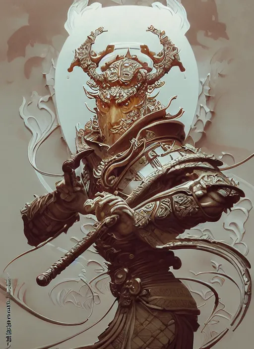 Prompt: subsurface scattering, white, koi, samurai deity with koi armor, art nouveau swirls, cinematic lighting, octane render, by jesper ejsing, james jean, justin gerard, tomasz alen kopera, cgsociety and fenghua zhong, highly detailed, rim light, art, very coherent, cinematic, hyper realism, high detail, 8 k