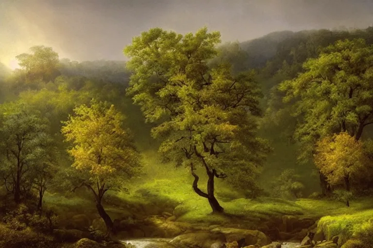 Prompt: masterpiece painting of oak trees on a hillside overlooking a creek, dramatic lighting, by andreas franke