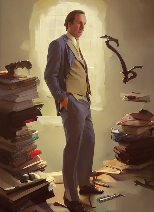 Image similar to portrait of saul goodman, portrait of saul goodman, lawyer clothing, painting by sargent and leyendecker, asymmetrical, intricate, elegant, matte painting, illustration,, by rhads, by greg rutkowski, by greg tocchini, by james gilleard, by joe fenton