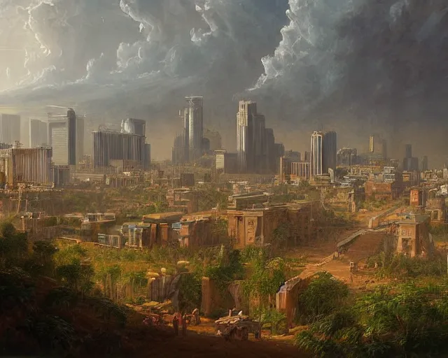 Prompt: a highly detailed painting of a post apocalyptic downtown la in the style of thomas cole