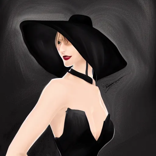 Image similar to beautiful woman in a black dress, full length photo, wearing a white hat and a red scarf, head bowed slightly, looking mischievously and mysteriously at the camera, wavy blond hair, knees upturned, very beautiful woman, 4k highly detailed, digital painting, artstation, concept art, matte, sharp focus, illustration, art by Sandra Pelser and Joshy Sly