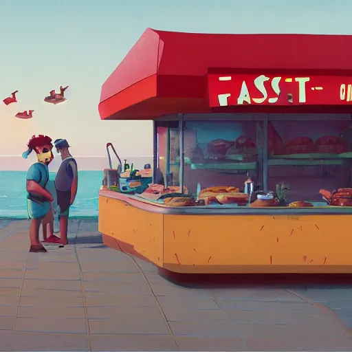 Image similar to fast food counter by the beach by simon stalenhag