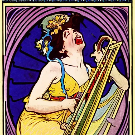 Prompt: a Happy Jester playing the harp, in the style of Alphonse Mucha