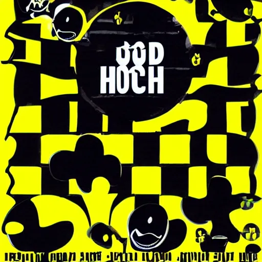 Image similar to acid house rave flyer, poster, smiley face, florescent yellow and black