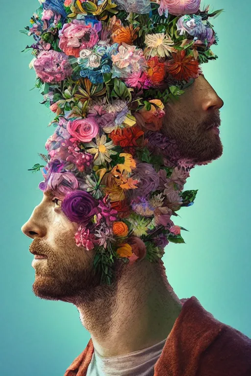 Prompt: a digital painting of a man with flowers in his head by Mike Winkelmann, cgsociety contest winner, digital art, made of flowers, digital painting, photoillustration