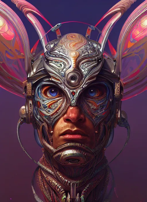 Prompt: hyper detailed ultra sharp of a ancient biomechanical warrior trance man. trending on artstation, warpaint aesthetic, earthwave, colorful, psychedelic, ornate, intricate, digital painting, concept art, smooth, sharp focus, illustration, art by artgerm and greg rutkowski and alphonse mucha, 8 k