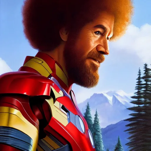 Prompt: a closeup photorealistic photograph of bob ross working on a canvas painting of iron man. mountains and trees. film still. brightly lit scene. this 4 k hd image is trending on artstation, featured on behance, well - rendered, extra crisp, features intricate detail, epic composition and the style of unreal engine.