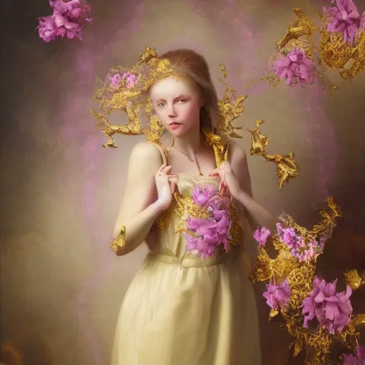 Image similar to 8k, octane render, realism, tonalism, renaissance, rococo, baroque, portrait of a young lady wearing dress with flowers and skulls, background chaotic gold leaf flowers