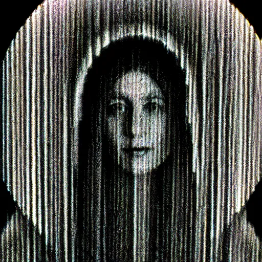 Image similar to vhs static overlay of marian apparition, vhs, 1 9 9 0, highly realistic, highly detailed, vhs noise static, black and white, vhs glitch