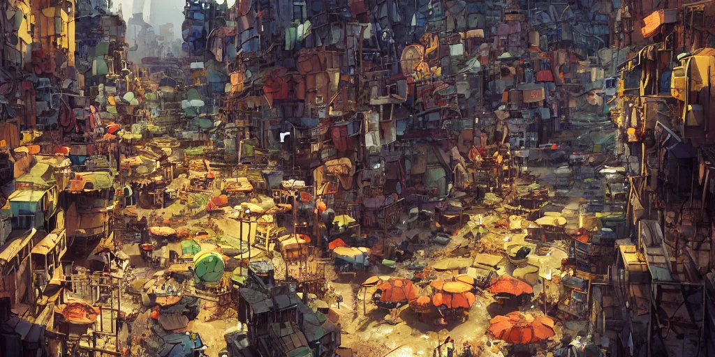 Prompt: a film still from city of lost children by ian mcque - an african favela city market, vibrant, 5 0 mm lens, video game character and environment design, behance hd, studio, dramatic lighting, cinematic, global illumination, trending on artstation, bloom
