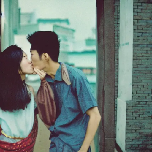 Image similar to two beautiful asian models kissing with no kimono, cinestill, photography