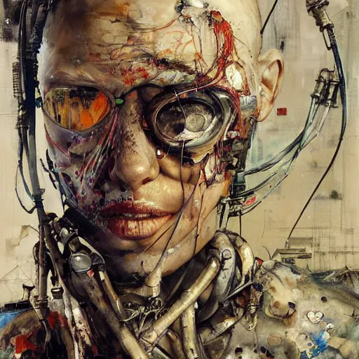 Image similar to mad max wires cybernetic implants, abandoned steelworks, grime and grunge, in the style of adrian ghenie, esao andrews, jenny saville,, surrealism, dark art by james jean, takato yamamoto