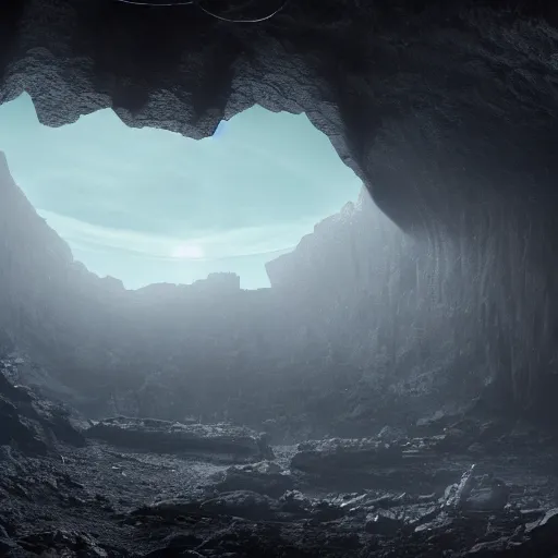 Prompt: Gigantic alien structures found in an enormous dark cave. Establishing shot, wide shot, cinematic, 4k
