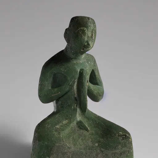 Prompt: a small green soapstone statue, 30 cm in height, carved in the semblance of what appears to be an unknown deity of the underworld, a seated skeletal figure with hands clasped over knees