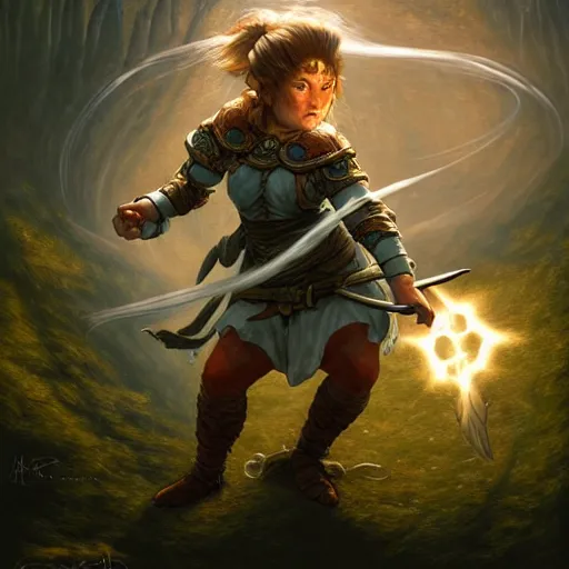 Image similar to full body portrait of a female halfling hobbit monk fistfighter warrior, communing with her goddess of mist and light, flowing robes and leather armor, detailed dynamic light painting by albrecht anker and peter mohrbacher