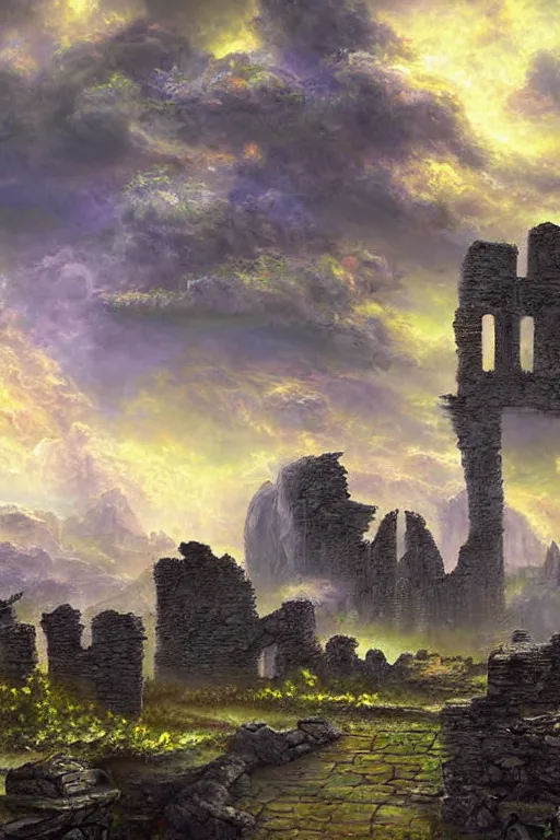 Prompt: digital painting detailed Old Ruins stone candy sky from magic the gathering by James gurney