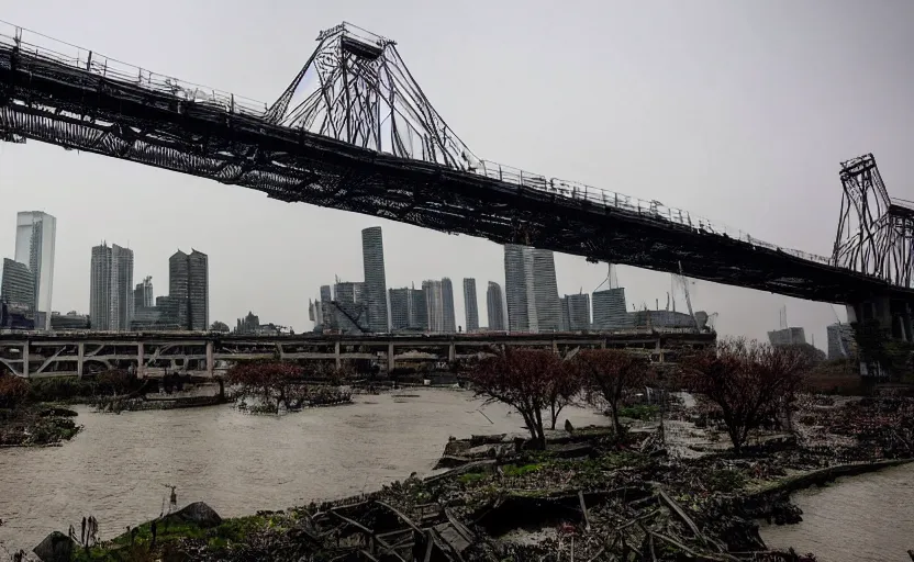 Prompt: a photo of wuhan covered in giant virus and disgusting maggots, slimy river, decrepit bridge, cinematic, 8 k, disturbing, horror, highly detailed