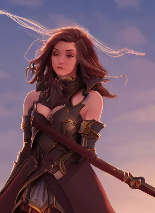 Prompt: fantasy heroine looking heroically at the sky at dusk, profile, in the style of Milica Čeliković and James Daly, artstation, digital art, full body, detailed face