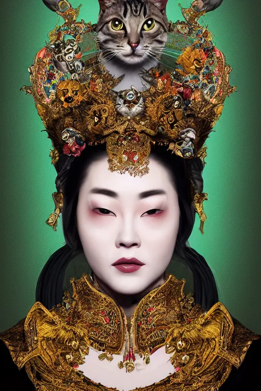 Image similar to a beautiful empress portrait, with a brilliant, impossible striking big Cat headpiece, clothes made of cats, everything cats, symmetrical, dramatic studio lighting, rococo, baroque, greens, asian, hyperrealism, closeup, D&D, fantasy, intricate, elegant, highly detailed, digital painting, artstation, octane render, 8k, concept art, matte, sharp focus, illustration, art by Artgerm and Greg Rutkowski and Alphonse Mucha