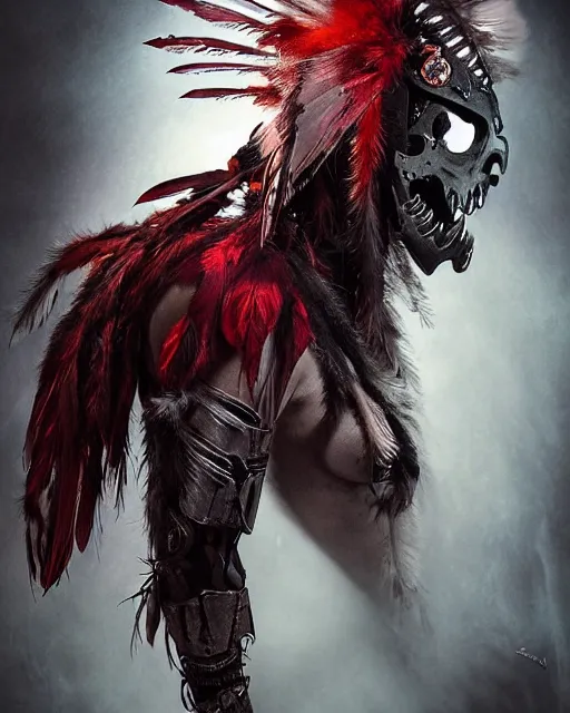 Image similar to wolf mutant ghost - spirit of the grim - warpaint wears the scarlet skull armor and native blood headdress feathers, midnight fog - mist!, dark oil painting colors, realism, cinematic lighting, various refining methods, micro macro autofocus, ultra definition, award winning photo, photograph by ghostwave - gammell - giger - shadowlord