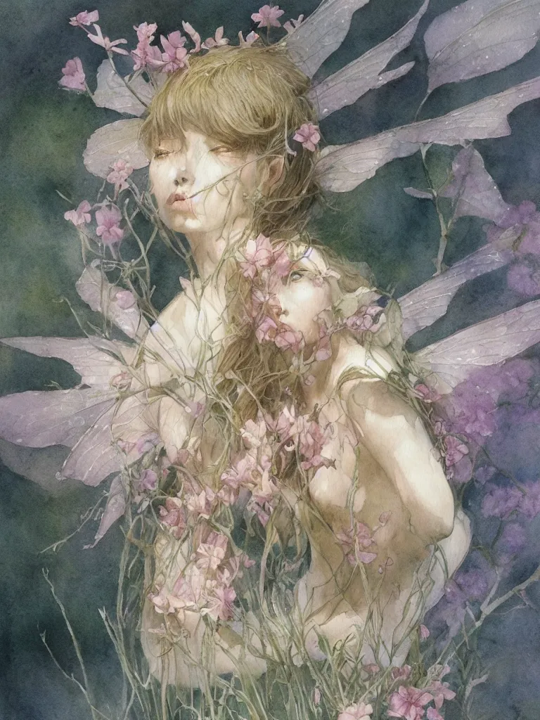 Image similar to study of a flower fairy, illustration, watercolor, alan lee, detailed, pretty, ethereal, realistic, artstation,