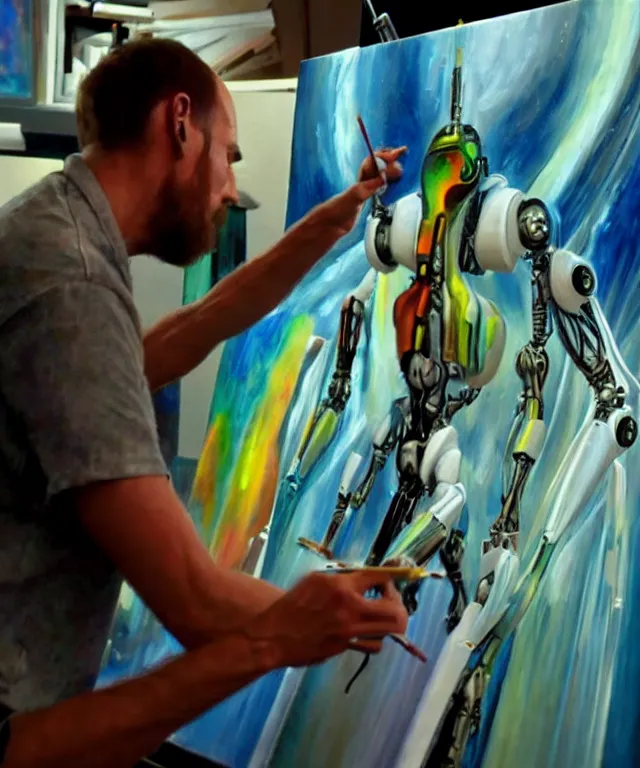 Image similar to photo of futuristic holy futuristic cyborg-robot-painter-artist creating a painting with acrylic paint and brushes in a futuristic artist studio. masterpiece, still from a 2021 movie by Terrence Malick, Tarkovsky, Gaspar Noe, James Cameron,