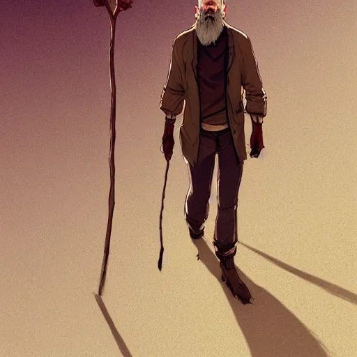 Image similar to commission of a young man with gray hair,a stylish beard,walking through a desert with a glowing stick,digital art,art by greg rutkowski,trevor henderson,rossdraws,character design,concept art,western comic style,sharp lines,photorealiatic,hyperdetailed,detailed face,high quality,professional lighting,dramatic