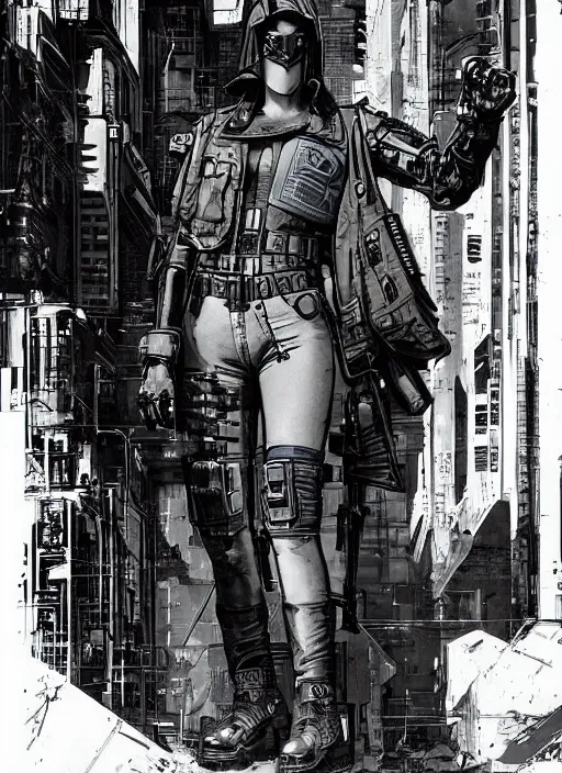 Image similar to menacing cyberpunk mercenary in military vest and jumpsuit. dystopian. portrait by stonehouse and mœbius and will eisner and gil elvgren and pixar. realistic proportions. cyberpunk 2 0 7 7, apex, blade runner 2 0 4 9 concept art. cel shading. attractive face. thick lines.