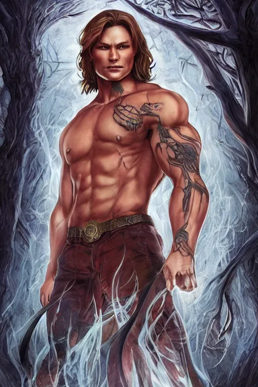 Image similar to muscular sam winchester as a mage tattooed in the cover of an acotar book, sarah j. maas, d & d!, fantasy style, sharp focus!, ultra detailed, art by artgerm, wlop, ilya kuvshinov