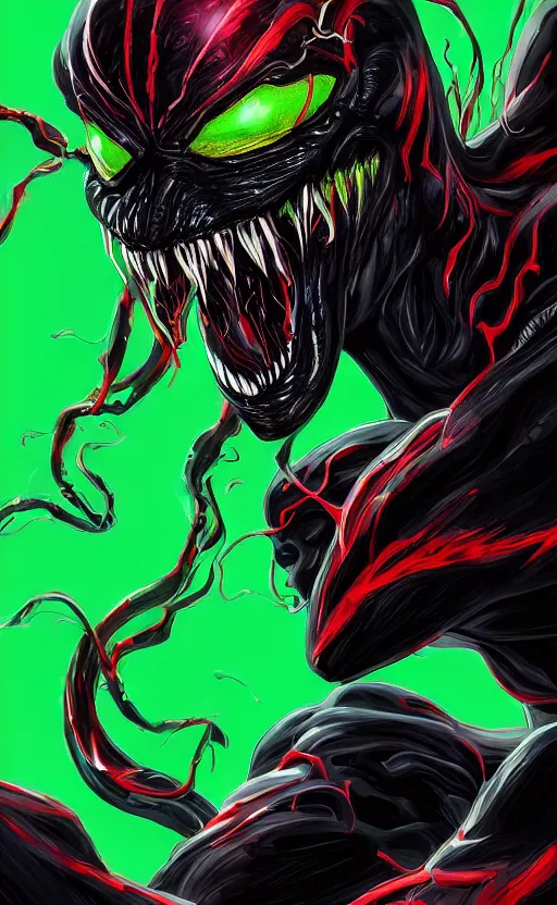 Image similar to portrait of venom as the green goblin, black and red, dynamic lighting, cinematic, ultra detailed, trending on art station, stunning visuals, creative, fantasy concept art