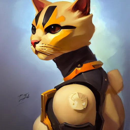 Image similar to greg manchess portrait painting of partially armored purrfect protagonist cat as overwatch character, medium shot, asymmetrical, profile picture, organic painting, sunny day, matte painting, bold shapes, hard edges, street art, trending on artstation, by huang guangjian and gil elvgren and sachin teng