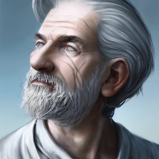 Image similar to epic portrait a beautiful man wearing a white blouse with short sleeves, Long gray hair, scars, beard, cool, digital painting, artstation, concept art, soft light, hdri, smooth, sharp focus, illustration, fantasy, intricate, elegant, highly detailed, D&D, matte painting, in the style of Greg Rutkowski and Alphonse Mucha and artemisia, 8k, highly detailed, jurgens, rutkowski, bouguereau, pastoral, rustic, georgic, detailed concept art, illustration, colorful pastel, painting, detail, ultra detailed, digital art, 4K,