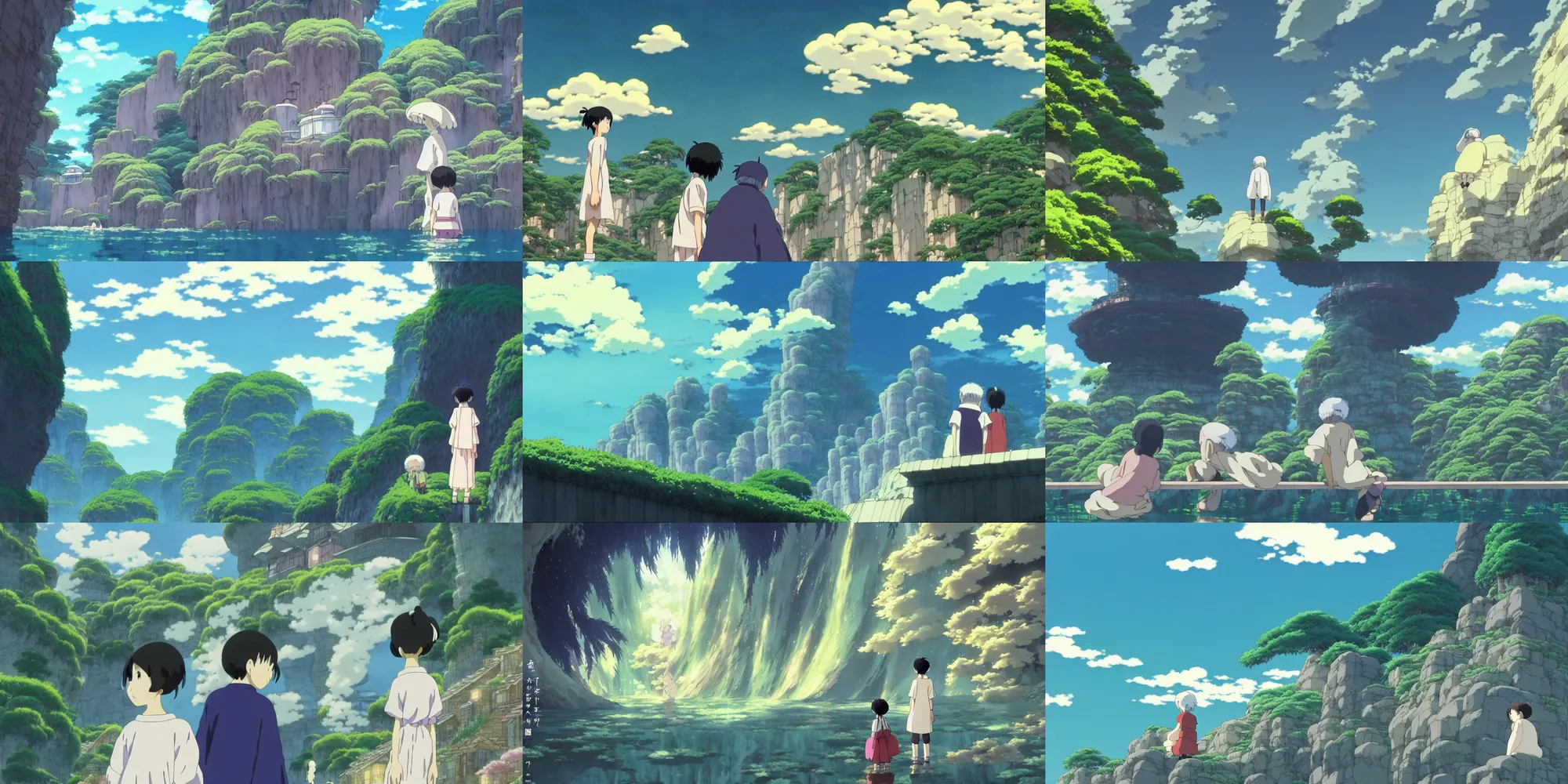 Prompt: a storybook illustration by Studio Ghibli, magical realism, an anime grandpa on an action adventure the otherworldly spirit world, painting by kazuo oga in the anime film, screenshot from the anime film Spirited Away by Makoto Shinkai