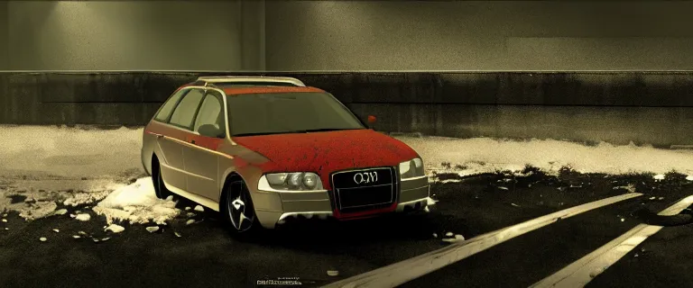 Image similar to Audi A4 B6 Avant (2002), a gritty neo-noir, dramatic lighting, cinematic, eerie person, death, homicide, homicide in the snow, viscera splattered all over the car, gunshots, establishing shot, extremely high detail, photorealistic, red mist, arson, burning city, cinematic lighting, artstation, by simon stalenhag, Max Payne (PC) (2001) winter New York at night, In the style of Max Payne 1 graphic novel, flashing lights, Poets of the Fall - Late Goodbye