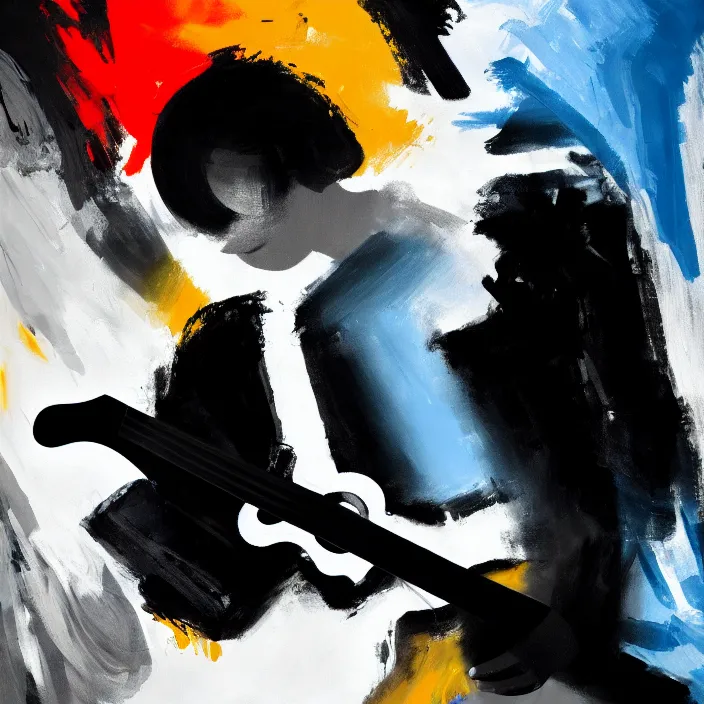 Image similar to large diagonal brush strokes, abstract dark painting of a young korean male musician wearing black tank top holding a telecaster!!! electric guitar!! in a dark room, white background, thick flowing dramatic brush strokes, matte colors, abstract, impressionist, motion, trending on artstation