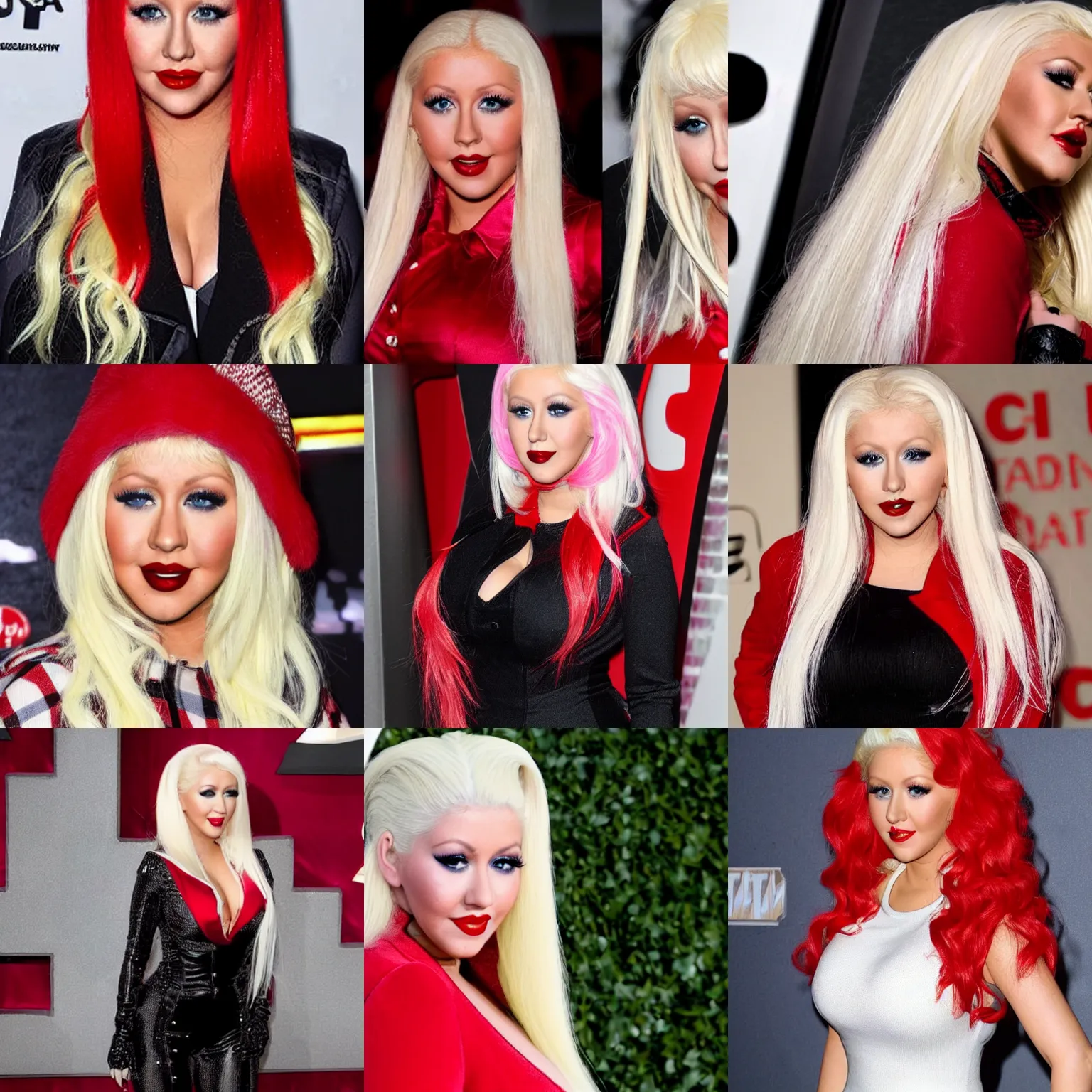 Prompt: christina aguilera with platinum blond and red candy cane color hair.