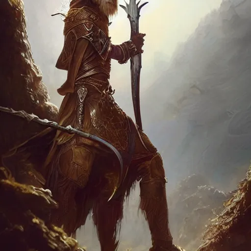 Image similar to a beautiful ultradetailed portrait of a elven elite warrior! beautiful large battle axe in his hand, with a lion pelt on his back, by greg rutkowski, karol bak and peter mohrbacher, volumetric lighting, magical realism, dark, elf,