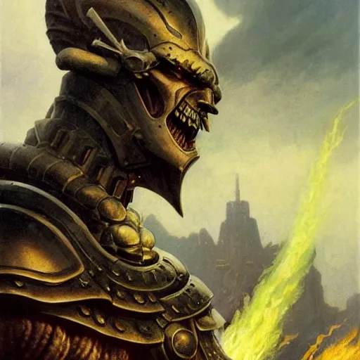 Prompt: head and shoulders portrait of an armored fire giant, d & d, fantasy, greg rutkowski, frank frazetta, alexandre chaudret, boris vallejo, michael whelan, miro petrov, hr giger, magali villeneuve, donato giancola